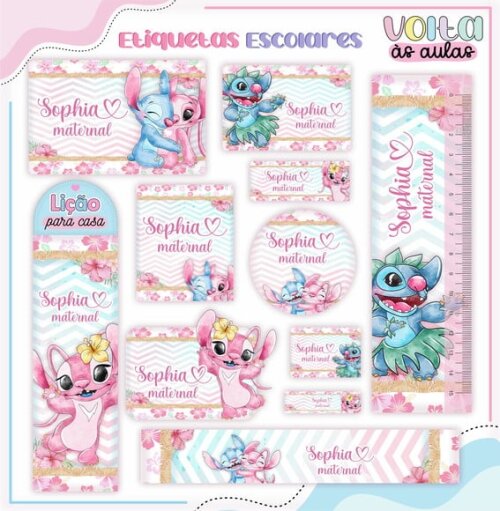 Leve + 13 Arquivo de Corte - Etiqueta Escolar (lilo e Stitch) c