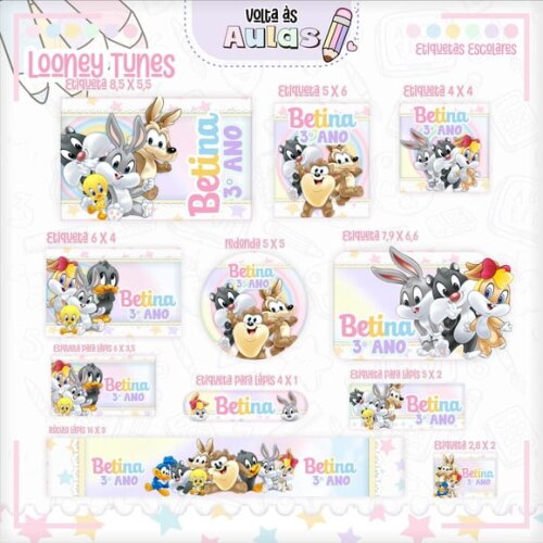 Leve + 13 Arquivo de Corte - Etiqueta Escolar (looney Tunes) c