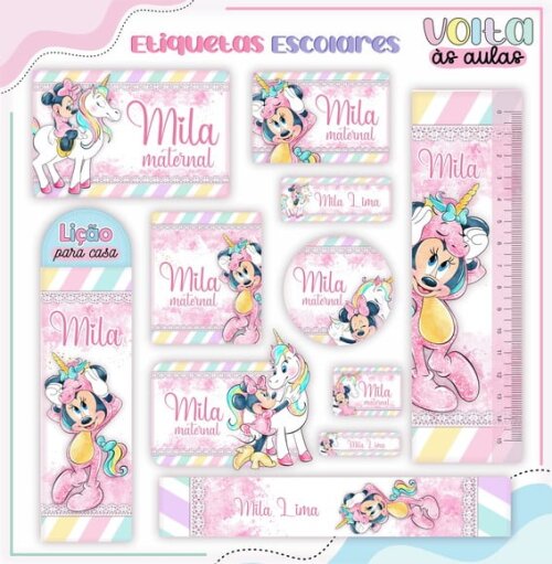 Leve + 13 Arquivo de Corte - Etiqueta Escolar (minnie Unicórnio) a