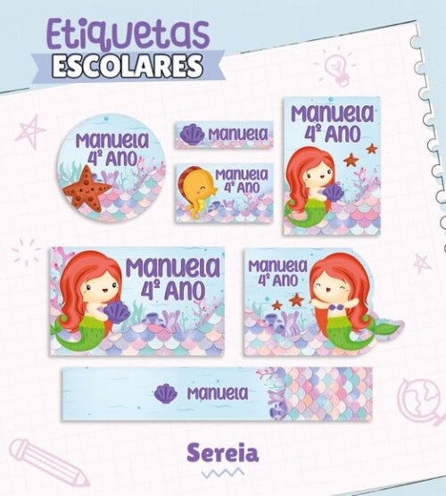 Leve + 13 Arquivo de Corte - Etiqueta Escolar (sereia) e