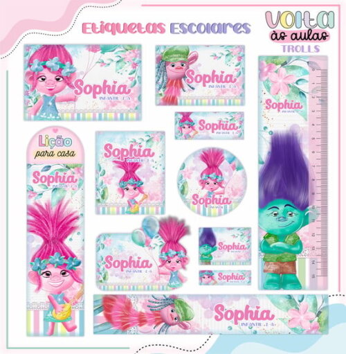 Leve + 13 Arquivo de Corte - Etiqueta Escolar (trolls) B