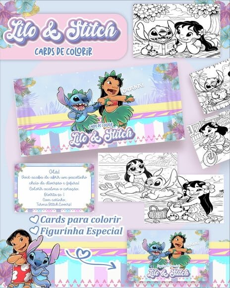 Leve + 13 Arquivo Digital - Cards para Colorir (lilo e Stitch) 1