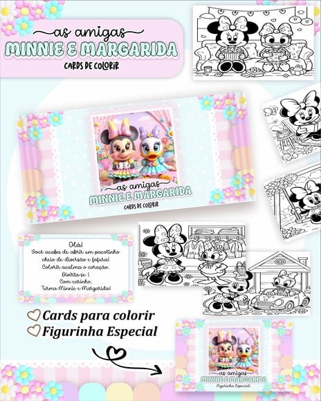 Leve + 13 Arquivo Digital - Cards para Colorir (minnie e Margarida) 1