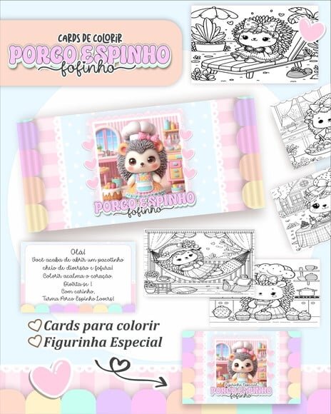 Leve + 13 Arquivo Digital - Cards para Colorir (porco Espinho) 1