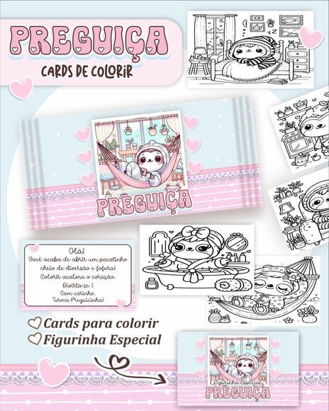 Leve + 13 Arquivo Digital - Cards para Colorir (preguiça Kawaii) 1