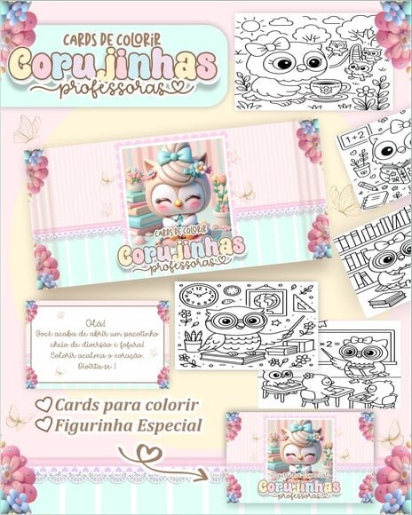 Leve + 13 Arquivo Digital - Cards para Colorir Corujinha Professora 1