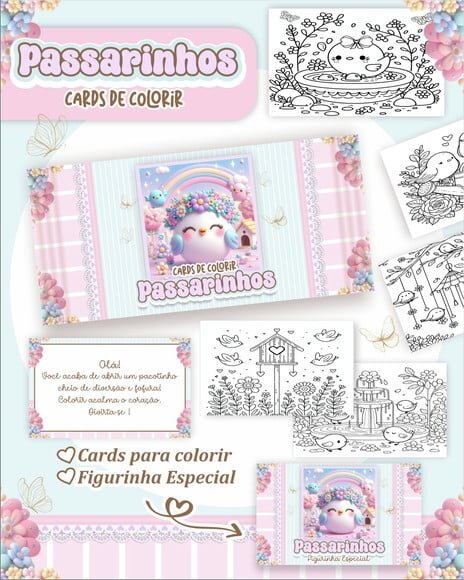 Leve + 13 Arquivo Digital - Cards para Colorir Jardim de Passarinhos 1