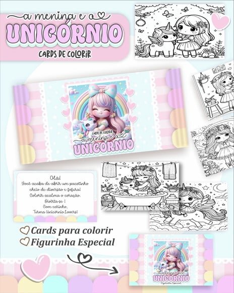 Leve + 13 Arquivo Digital - Cards para Colorir Menina e Unicórnio 1