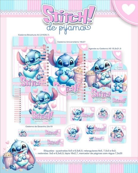 Leve + 13 Arquivo Digital - Etiqueta Escolar (stitch de Pijama) a