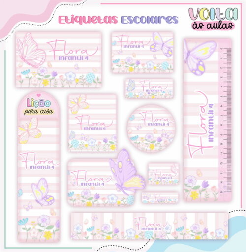 Leve + 13 Arquivo de Corte - Etiqueta Escolar (borboleta) e
