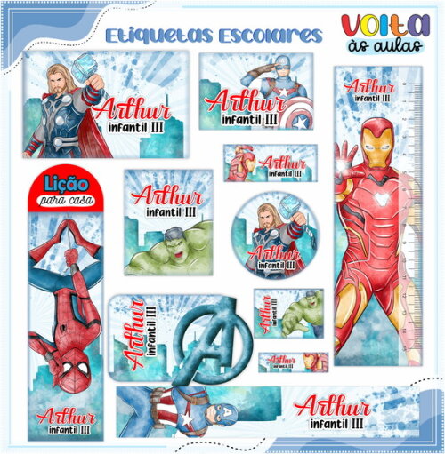 Leve + 13 Arquivo de Corte - Etiqueta Escolar (vingadores) G