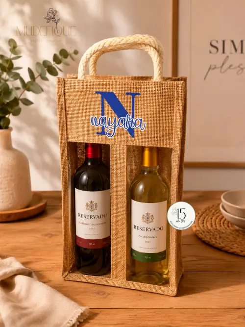 Porta vinhos em Juta Tradicional - Casamento, Empresas, Madrinhas, Padrinhos
