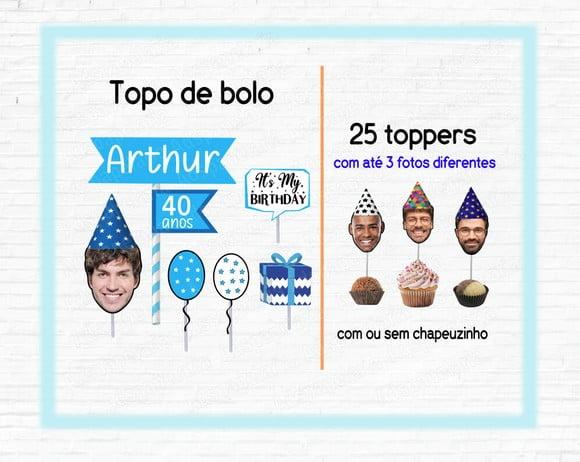 Kit Topo de Bolo Rostinho Masculino e 25 Toppers Azul