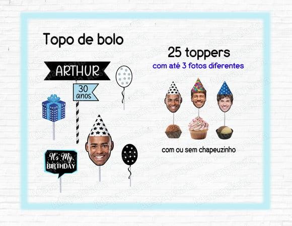 Kit Topo de Bolo Rostinho Masculino e 25 Toppers Rostinho