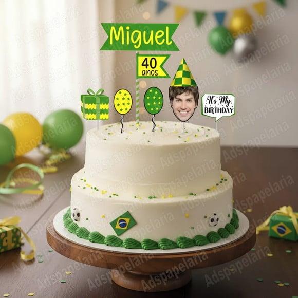 Topo de Bolo Rostinho Masculino Topper Homem Verde Amarelo
