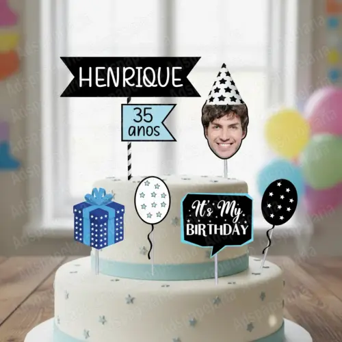 Topo / topper de bolo Personalizado nome e com foto rosto - Topo toper Aniversario Masculino ou Feminino, topper foto