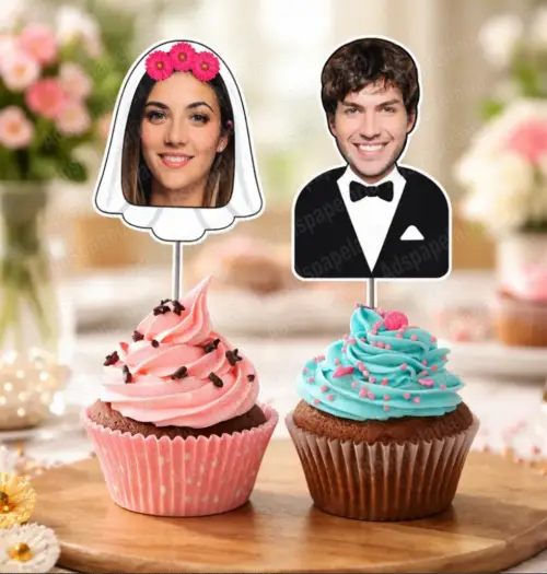 Topper Casal Noivos com FOTO noiva e noivo, despedida de solteira, casamento, noivado, para Docinhos, Cupcakes