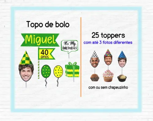 Kit Topo de Bolo Rostinho e 25 Toppers Verde e Amarelo