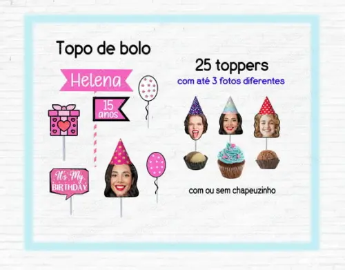 Kit Topo de Bolo Rostinho Feminino e 25 Toppers Rostinho