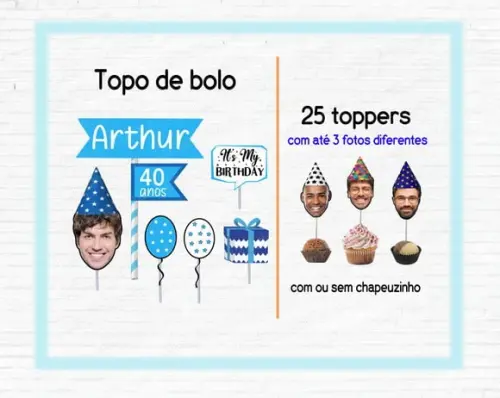 Kit Topo de Bolo Rostinho Masculino e 25 Toppers Azul