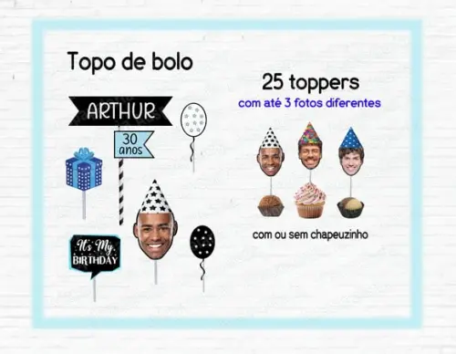 Kit Topo de Bolo Rostinho Masculino e 25 Toppers Rostinho