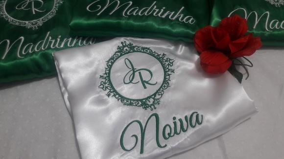 01 un Robe roupão hobbe cetim verde noiva brasão madrinha