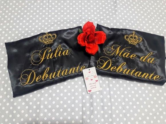 Kit 2 Robes Cetim Bordado 15 Anos Coroa Mãe Debutante Preto