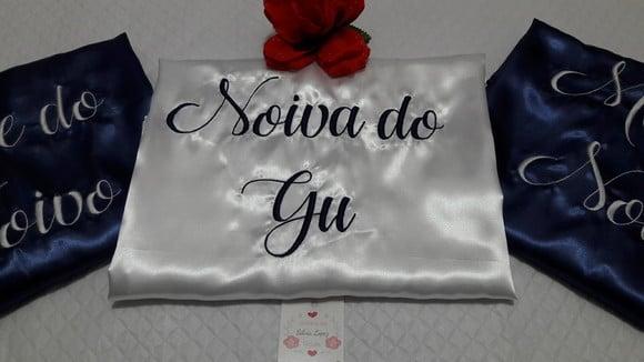 kit 3 Robes cetim bordado irmã mãe debutante marinho