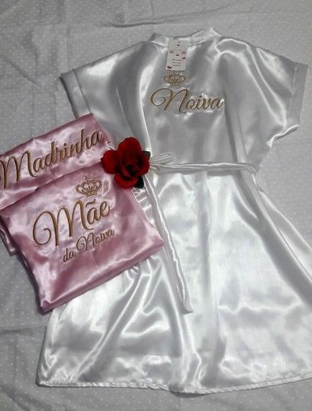 Kit 3 Robes Cetim Bordado Noiva Mãe Debutante