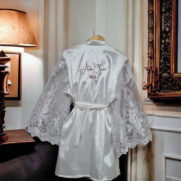 Plus Size Robe Cetim Manga Longa Renda Bordada Modelo Mara