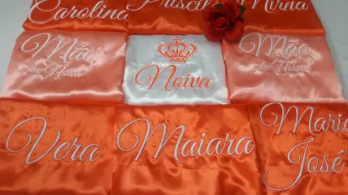 Kit 15 Robe Cetim Bordado Noiva Laranja Madrinha Salmão