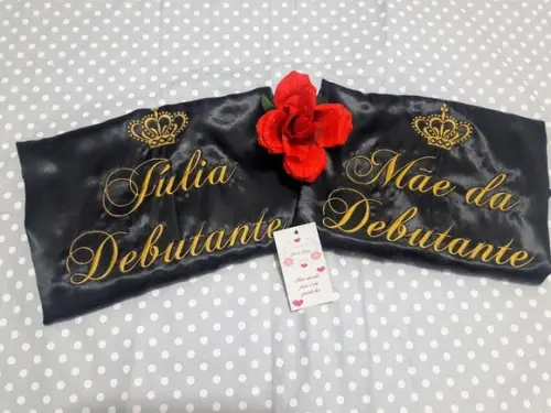Kit 2 Robes Cetim Bordado 15 Anos Coroa Mãe Debutante Preto