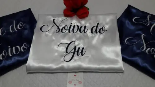 kit 3 Robes cetim bordado irmã mãe debutante marinho