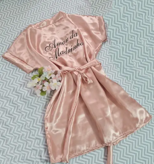Kit 7 Robe Cetim Bordado Noiva Debutante Nome Nude Rosê