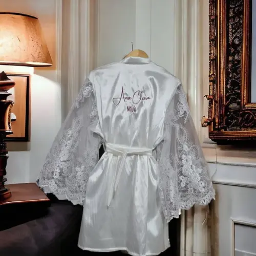 Plus Size Robe Cetim Manga Longa Renda Bordada Modelo Mara