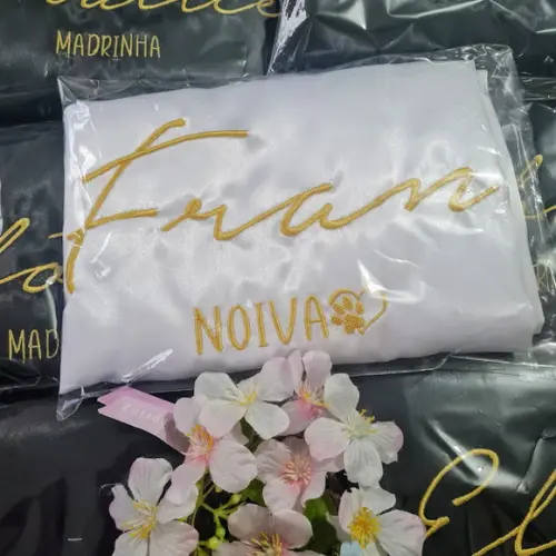 Robe Cetim Bordado Nude Rosê Gold Verde Agua
