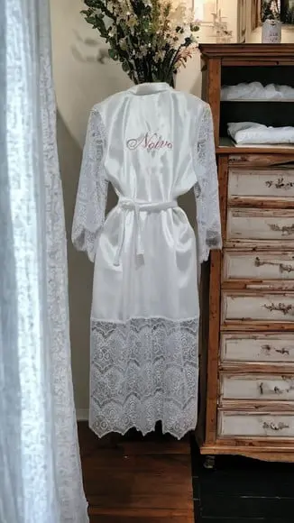 Robe Cetim Manga Longa Evasê Renda Noiva Mara