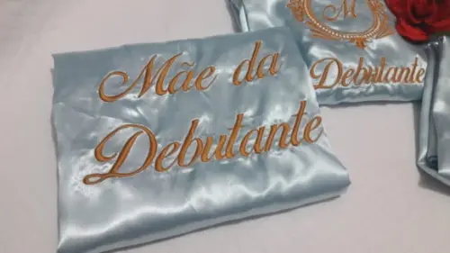 Robe Hobby Roupão Cetim Bordado Noiva Mãe Nude Azul Dourado
