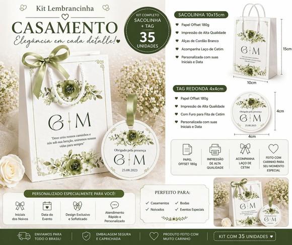 Kit Sacola + Tags Personalizados - Casamento - 35 Pçs