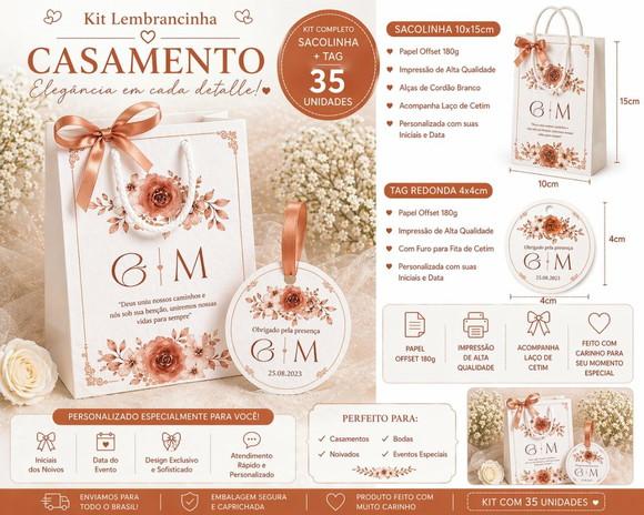Kit Sacola + Tags Personalizados - Casamento - 35 Pçs