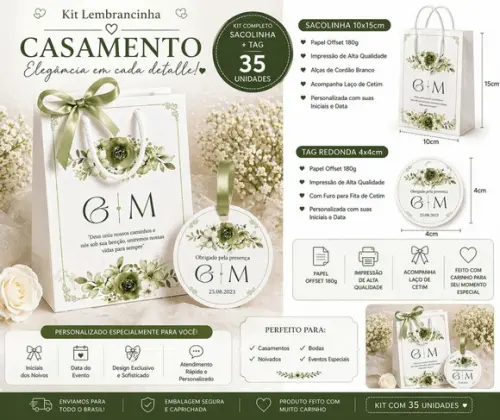 Kit Sacola + Tags Personalizados - Casamento - 35 Pçs