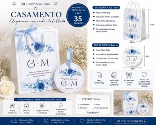 Kit Sacola + Tags Personalizados - Casamento - 35 Pçs