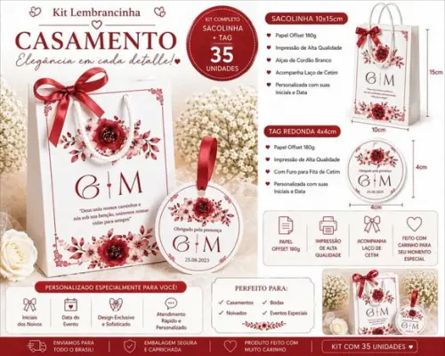 Kit Sacola + Tags Personalizados - Casamento - 35 Pçs