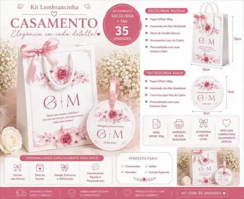 Kit Sacola + Tags Personalizados - Casamento - 35 Pçs