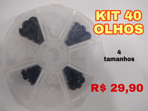 Kit 40 olhos amigurumi preto 4 tamanhos com travas