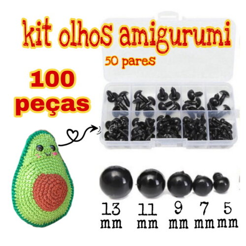 Kit Olhos amigurumi com travas,100 olhos 5, 7, 9, 11 e 13 mm
