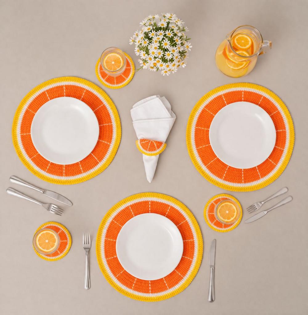 Conjunto Mesa Posta Crochê Laranja