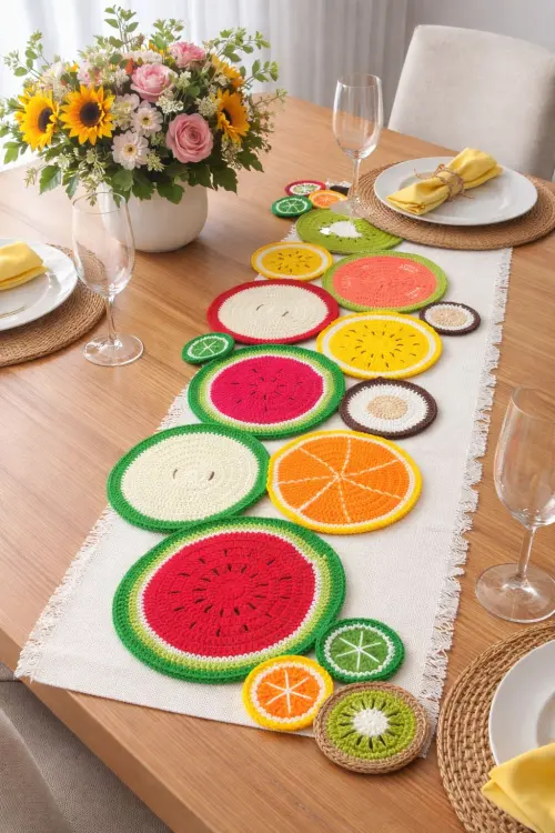 Trilho de Mesa Crochê Frutinhas