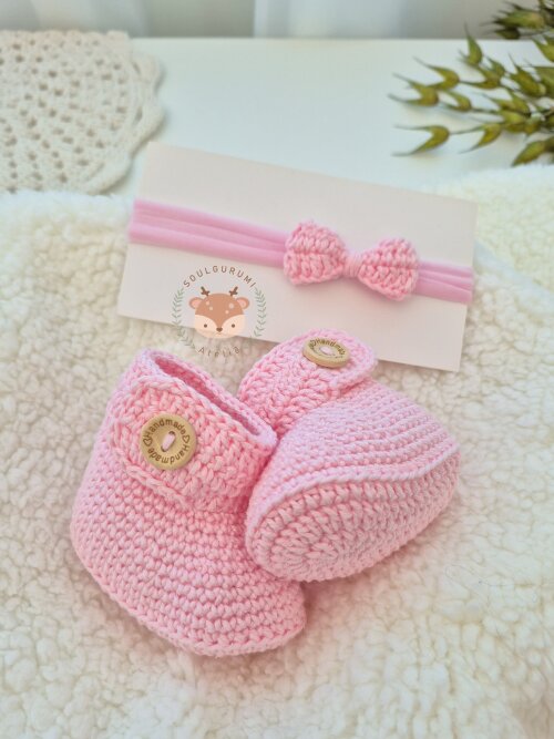 Kit Boas Vindas bebê Botinha + Faixinha rosa bebê