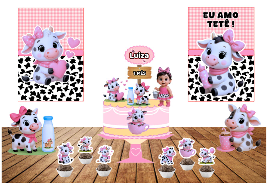 KIT FESTA SÓ UM BOLINHO VAQUINHA AMO TETÊ MENINA. TODOS OS TEMA
